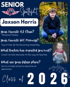West Central High School Senior Spotlight for Jaxson Harris, Class of 2026. Jaxson is pictured in a dark hoodie amongst autumn leaves, paired with a baby photo of him in a "Truck'n" shirt. Text highlights his favorite memory of the Homecoming Tug of War a